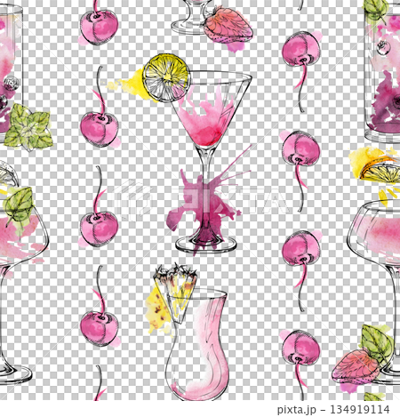 Seamless pink drinks with cherry lines. Strawberry berry creamy milkshake, lemonade juice, alcoholic beverages in watercolor splashes and ink. Hand drawn fresh, summery pattern for creative projects. 134919114