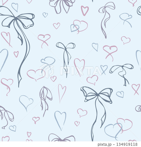 Soft blue narrow ribbon bows and hearts scattered randomly. Seamless pattern tile. Isolated vector doodle illustration hand drawn in ink. Perfect for baby products, soft interior prints, gift sets. 134919118