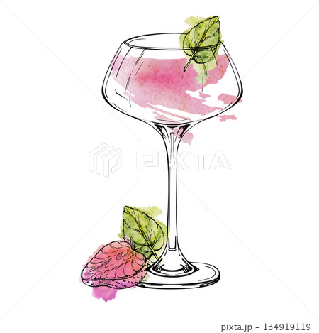 Refreshing strawberry Margarita cocktail in coupe glass with pink berry slice, mint leaves. Watercolor and ink. Isolated hand drawn illustration for culinary banners, clipart sets, event invitations. Refreshing strawberry Margarita cocktail in coupe glass with pink berry slice, mint leaves. Watercolor and ink. Isolated hand drawn illustration for culinary banners, clipart sets, event invitations. 134919119