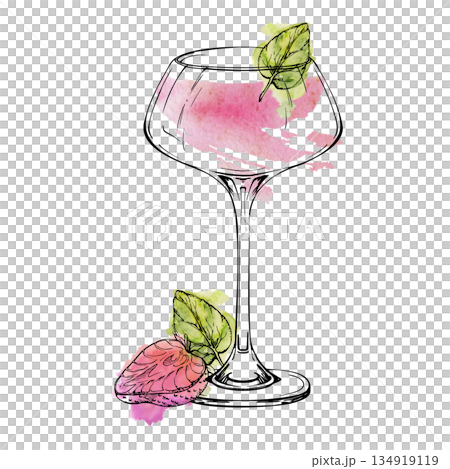 Refreshing strawberry Margarita cocktail in coupe glass with pink berry slice, mint leaves. Watercolor and ink. Isolated hand drawn illustration for culinary banners, clipart sets, event invitations. Refreshing strawberry Margarita cocktail in coupe glass with pink berry slice, mint leaves. Watercolor and ink. Isolated hand drawn illustration for culinary banners, clipart sets, event invitations. 134919119