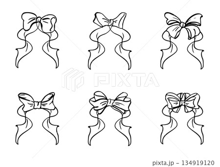 Classic vintage ink bows in shiny satin texture with crest type tails. Vector isolated elements hand drawn in elegant minimal style. Christmas packaging, gift wrap designs, luxury product branding. 134919120