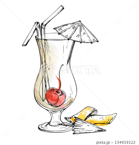 White creamy rum Pina Colada drink, orange peel and cherry berry accent, paper umbrellas and straws. Hand-drawn watercolor and ink clipart for tropical bar menu, cocktail stationery, mixology projects White creamy rum Pina Colada drink, orange peel and cherry berry accent, paper umbrellas and straws. Hand-drawn watercolor and ink clipart for tropical bar menu, cocktail stationery, mixology projects 134919122