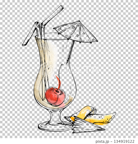 White creamy rum Pina Colada drink, orange peel and cherry berry accent, paper umbrellas and straws. Hand-drawn watercolor and ink clipart for tropical bar menu, cocktail stationery, mixology projects White creamy rum Pina Colada drink, orange peel and cherry berry accent, paper umbrellas and straws. Hand-drawn watercolor and ink clipart for tropical bar menu, cocktail stationery, mixology projects 134919122