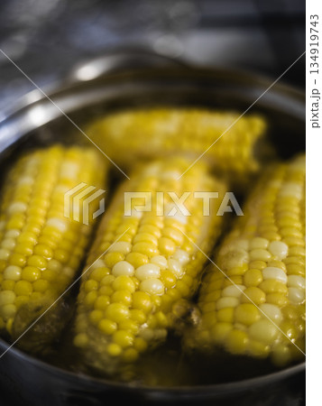 Corn cobs are boiling in a pot of water on a stove. Steam rises from the pot, showing the cooking process in a kitchen during a meal preparation 134919743