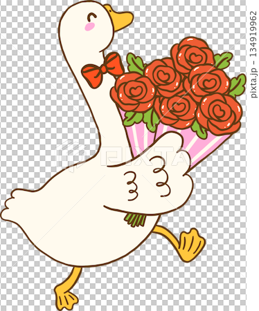 Valentine Goose with Bouquet of Roses Cartoon Hand Drawn 134919962