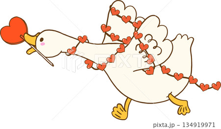 Valentine Silly Goose with Heart Lollipop Candy and Garland Cartoon Hand Drawn 134919971