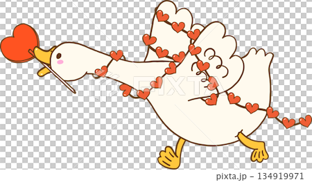 Valentine Silly Goose with Heart Lollipop Candy and Garland Cartoon Hand Drawn 134919971