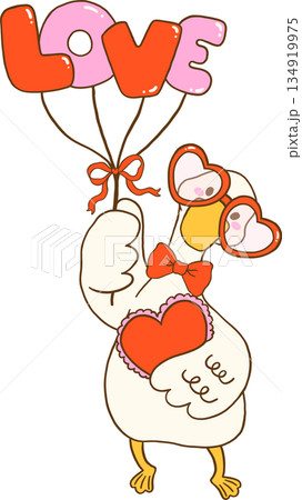 Valentine Silly Goose Holding Love Balloons Cartoon Hand Drawn 134919975
