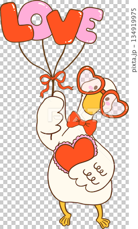 Valentine Silly Goose Holding Love Balloons Cartoon Hand Drawn 134919975