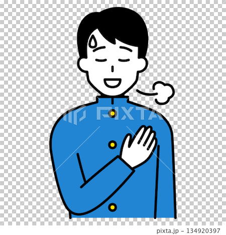 胸に手を当ててホッとする男子学生 胸に手を当ててホッとする男子学生 134920397