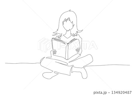 Continuous One Line Drawing of a Woman Reading...のイラスト素材 [134920487 ...
