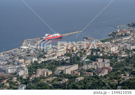 Aerial view Mountain Viewpoint of Bastia in the north of Corsica island - Genoese city overlooking the Mediterranean Sea Aerial view Mountain Viewpoint of Bastia in the north of Corsica island - Genoese city overlooking the Mediterranean Sea 134921056