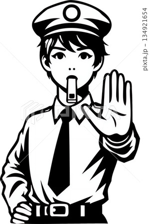 ホイッスルを口に停止を促す警察官 134921654
