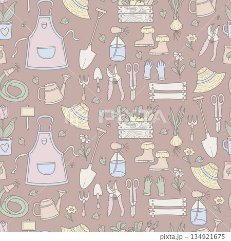 Seamless Gardening Pattern. Repeating Farmhouse Tools, Harvest in Wooden Box, Plants, Flowers, And Apron on Light Brown Background. Pastel Doodle. Vector illustration. Not AI Seamless Gardening Pattern. Repeating Farmhouse Tools, Harvest in Wooden Box, Plants, Flowers, And Apron on Light Brown Background. Pastel Doodle. Vector illustration. Not AI 134921675