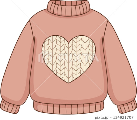 Cute Cozy Pink Knitted Sweater with Heart Pattern Illustration for Valentine's Day and Winter Fashion 134921707