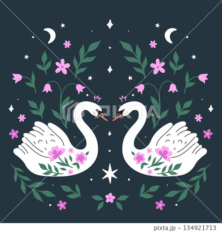 A magical poster featuring symmetrically arranged swans. Vector graphics. 134921713