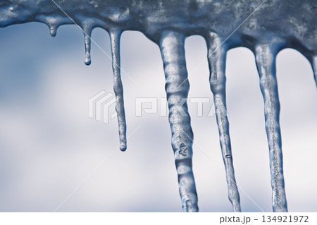 Winter icicles hanging against blue sky closeup 134921972