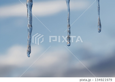 Winter icicles hanging against blue sky closeup 134921979
