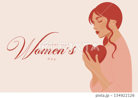 Happy International Womens Day banner with female character holding heart. 134922126