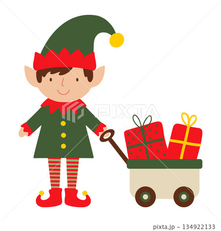 Christmas elf pulling wagon delivering holiday gifts Christmas elf pulling wagon delivering holiday gifts 134922133