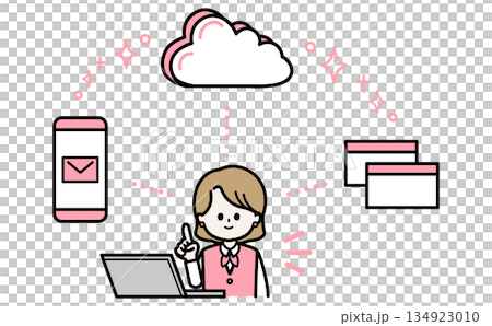 雲端服務、女性員工與智慧型手機插畫、資料管理工作效率 134923010