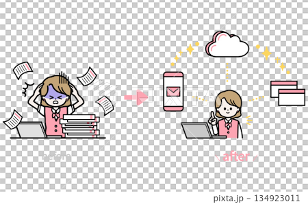 女性員工透過提高工作效率解決問題，簡潔的扁平化設計插圖 134923011