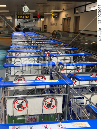 Rows of luggage carts at CHANGI AIRPORT TERMINAL 2 with clear no-use signage in Singapore Rows of luggage carts at CHANGI AIRPORT TERMINAL 2 with clear no-use signage in Singapore 134923065