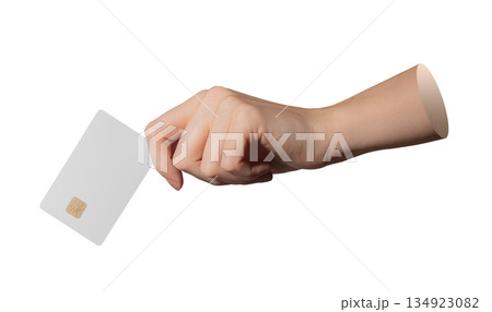 A person holds a modern debit card with visible chip isolated on white. A person holds a modern debit card with visible chip isolated on white. 134923082