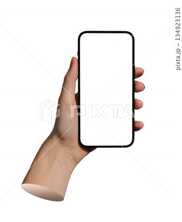 Hand holding smartphone screen mockup, mobile app, isolated on white. Hand holding smartphone screen mockup, mobile app, isolated on white. 134923136