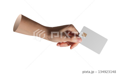 human hand is holding a blank bank card with a golden chip isolated on white background. 134923148