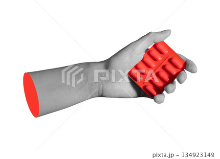 Human hand showing red blister with capsules. Symbol of prescription medicine, therapy, and 134923149