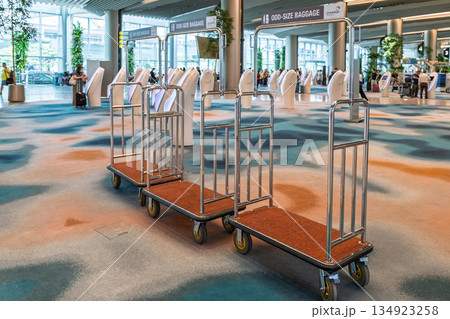 Baggage carts lined up at Changi Airport in Singapore showcasing modern airport design and sleek environment Baggage carts lined up at Changi Airport in Singapore showcasing modern airport design and sleek environment 134923258