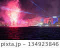 Thessaloniki, Greece NYE Fireworks and Laser Beams Over Seafront Skyline. 134923846