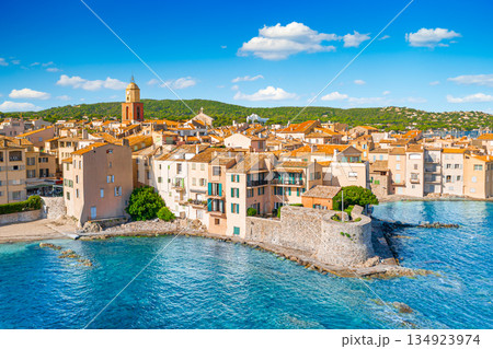 View of the city of Saint-Tropez, Provence, Cote d Azur, a popular destination for travel in Europe 134923974