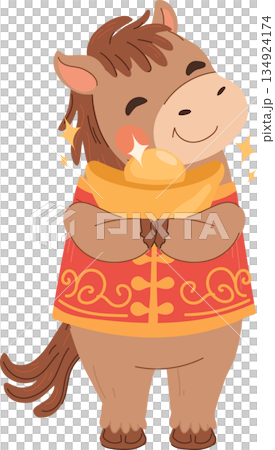 Smiling horse zodiac character in red and gold costume.suitable for greeting cards Smiling horse zodiac character in red and gold costume.suitable for greeting cards 134924174