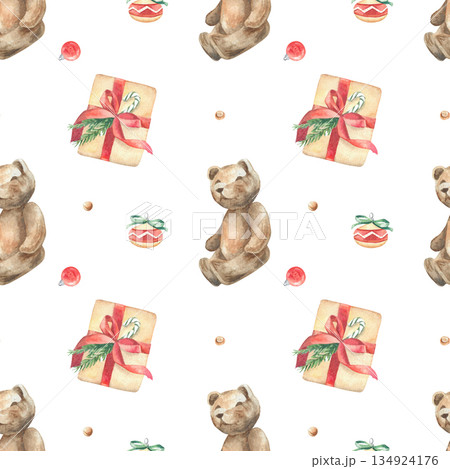 Seamless watercolor pattern with teddy and Christmas gift 134924176
