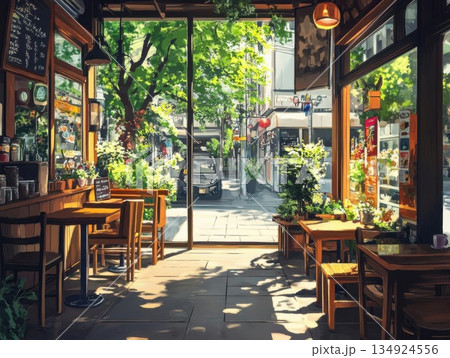 Interior of a cozy coffee shop in the city. Plant and fresh ambience. 134924556