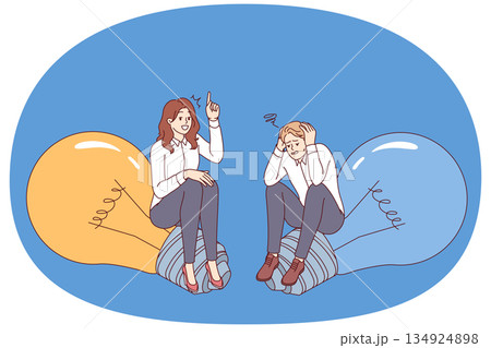 Woman discusses business idea with man who does not believe in success, sitting on light bulbs Woman discusses business idea with man who does not believe in success, sitting on light bulbs 134924898