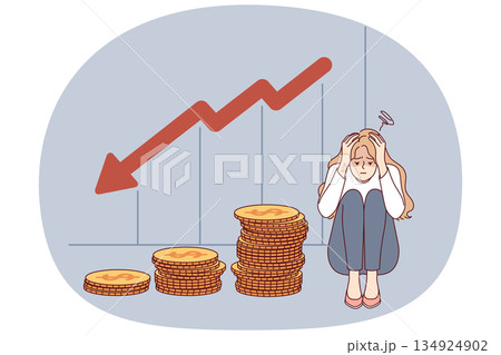 Problem of bankruptcy for girl lost savings due to financial crisis, sitting near falling chart. Problem of bankruptcy for girl lost savings due to financial crisis, sitting near falling chart. 134924902