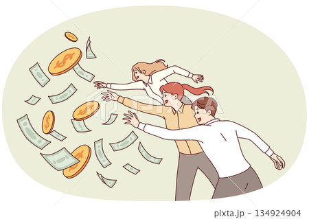 People are chasing cash, trying to make quick money, grabbing flying banknotes and coins People are chasing cash, trying to make quick money, grabbing flying banknotes and coins 134924904