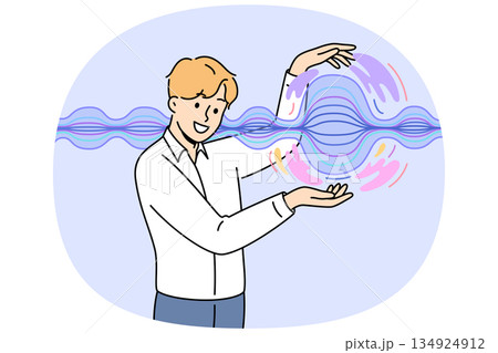 Man stands near energy wave, demonstrating results of scientific experiments on physical phenomena Man stands near energy wave, demonstrating results of scientific experiments on physical phenomena 134924912
