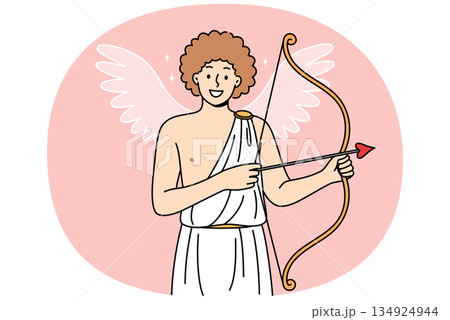 Smiling cherub with cupid bow and arrow, congratulates on valentine day and calls for love 134924944