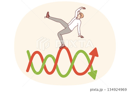 Man investor falls from unstable chart symbolizing fluctuations in financial market Man investor falls from unstable chart symbolizing fluctuations in financial market 134924969