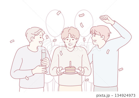 Joyful gathering with cake and balloons, Group of friends enjoying festive celebration together 134924973