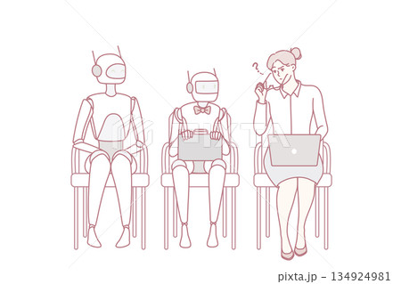 Confused woman in line with robots in office 134924981