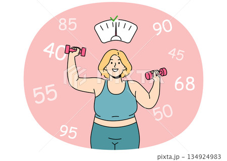 Fat woman wants to lose weight and become slimmer by doing fitness in gym and lifting dumbbells Fat woman wants to lose weight and become slimmer by doing fitness in gym and lifting dumbbells 134924983