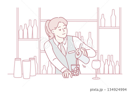 Skilled woman mixes cocktail, Bar professional expertly pours cocktail behind luminous shelving Skilled woman mixes cocktail, Bar professional expertly pours cocktail behind luminous shelving 134924994