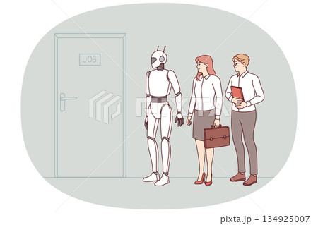 Humanoid robot with AI competes for vacancy and opportunity to get job, standing in line with people Humanoid robot with AI competes for vacancy and opportunity to get job, standing in line with people 134925007