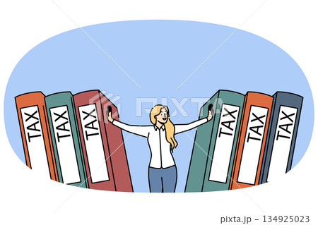 Woman accountant pushes giant tax folders, performing financial audit to complete tax return Woman accountant pushes giant tax folders, performing financial audit to complete tax return 134925023