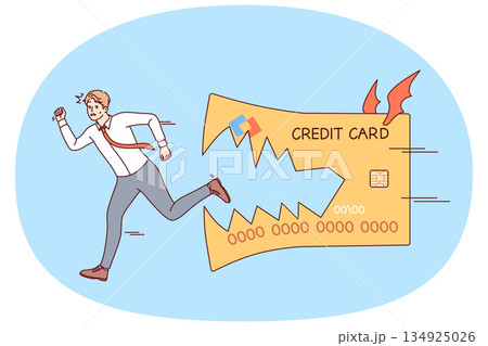 Credit card bites fleeing business man, symbolizing danger of using loan money to cover needs Credit card bites fleeing business man, symbolizing danger of using loan money to cover needs 134925026